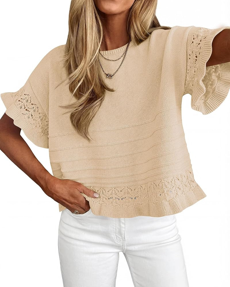 KIRUNDO Short Sleeve Sweater for Women 2026 Spring Summer Tops Crochet Round Neck Ruffled Hem Kni... | Amazon (US)