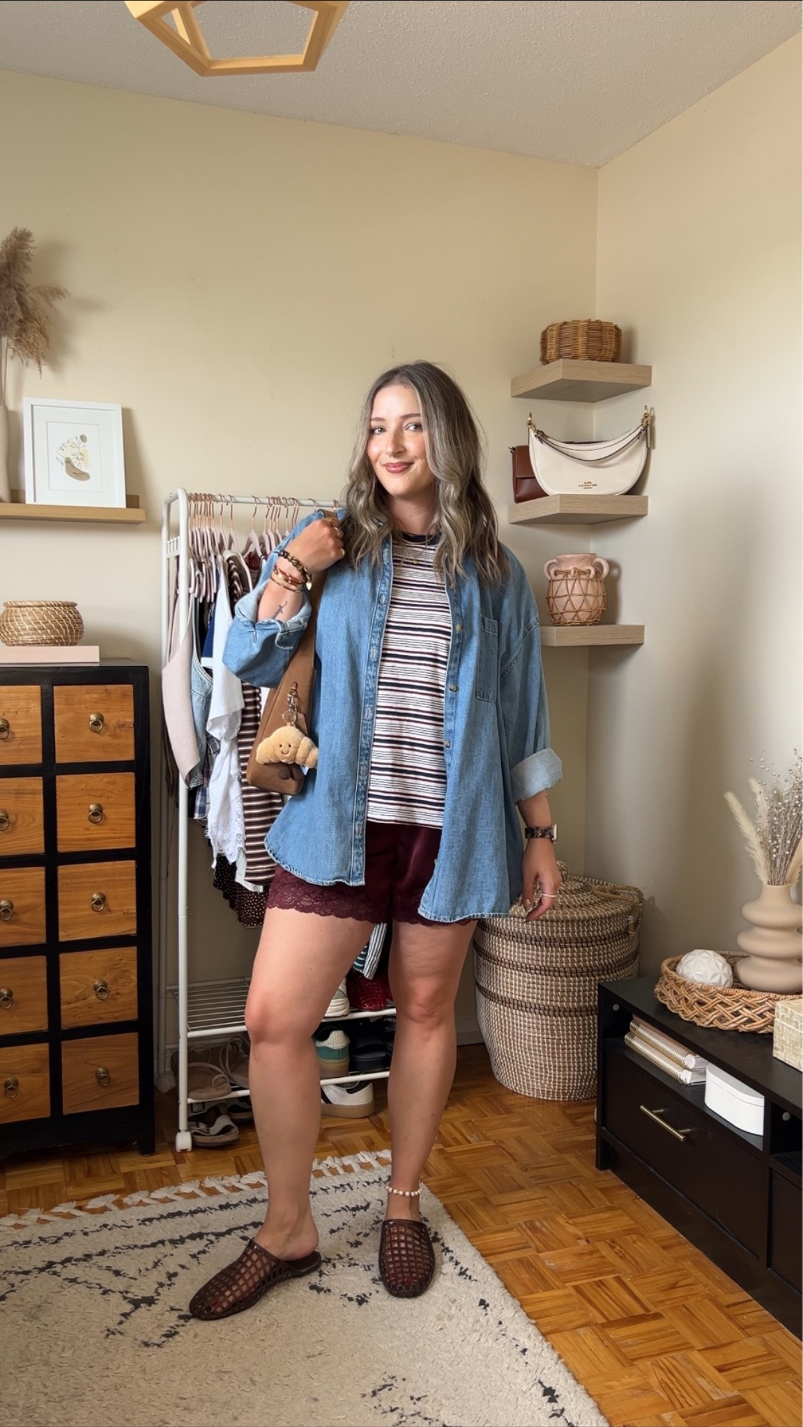 Fall transition outfit! Wearing L in the striped tee, M in satin lace shorts, L in the denim shirt. I’m a 9.5-10 shoe and wear a 10 in the jelly shoes. Canadian denim shirt & shoes link under “similar products”

#LTKfall #LTKmidsize #LTKstyletip
