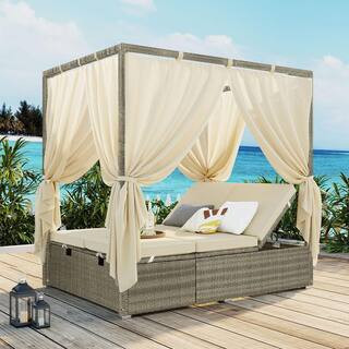 Harper & Bright Designs Gray Wicker Outdoor Day Bed with Beige Cushions with Canopy WYT025AAA - T... | The Home Depot
