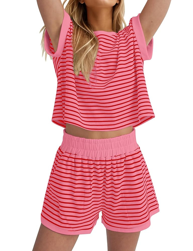 Women Summer 2 Piece Lounge Sets Striped Short Sleeve Tee Shirts Mini Shorts Loungewear Shorts Se... | Amazon (US)