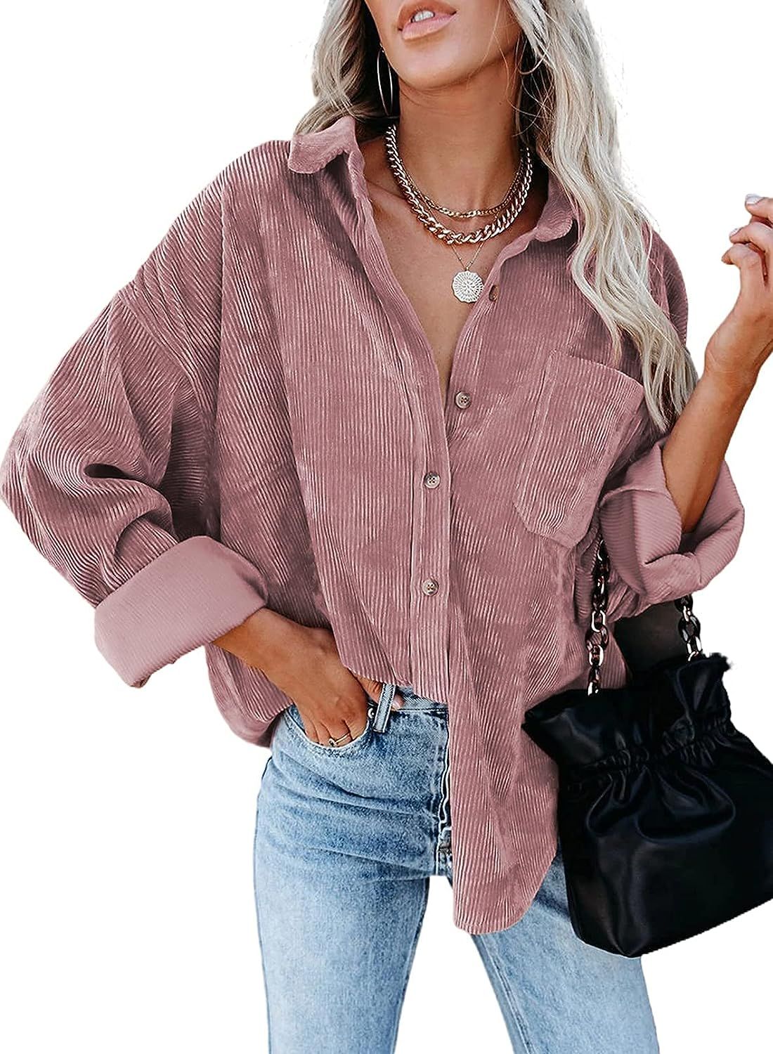 Womens Corduroy Button Down Shirts Boyfriend Long Sleeve Oversized Blouses Tops | Amazon (US)