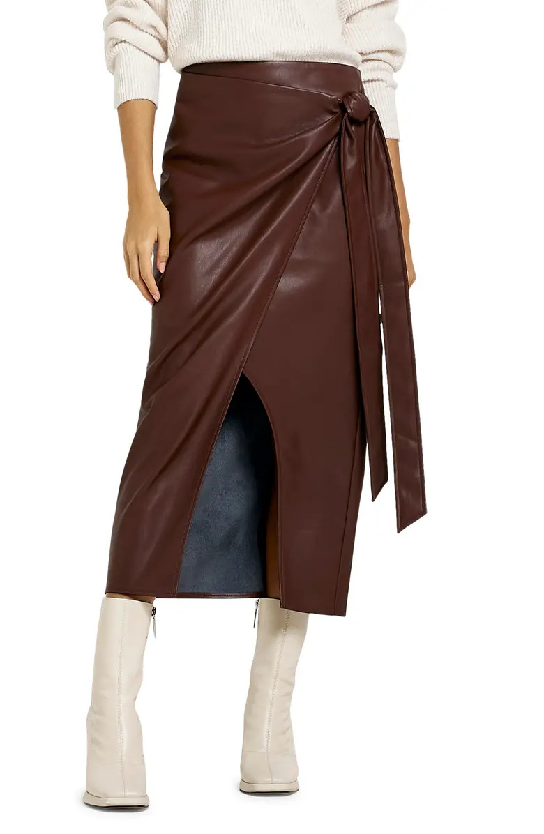 River Island Faux Leather Sarong Wrap Midi Skirt | Nordstrom | Nordstrom