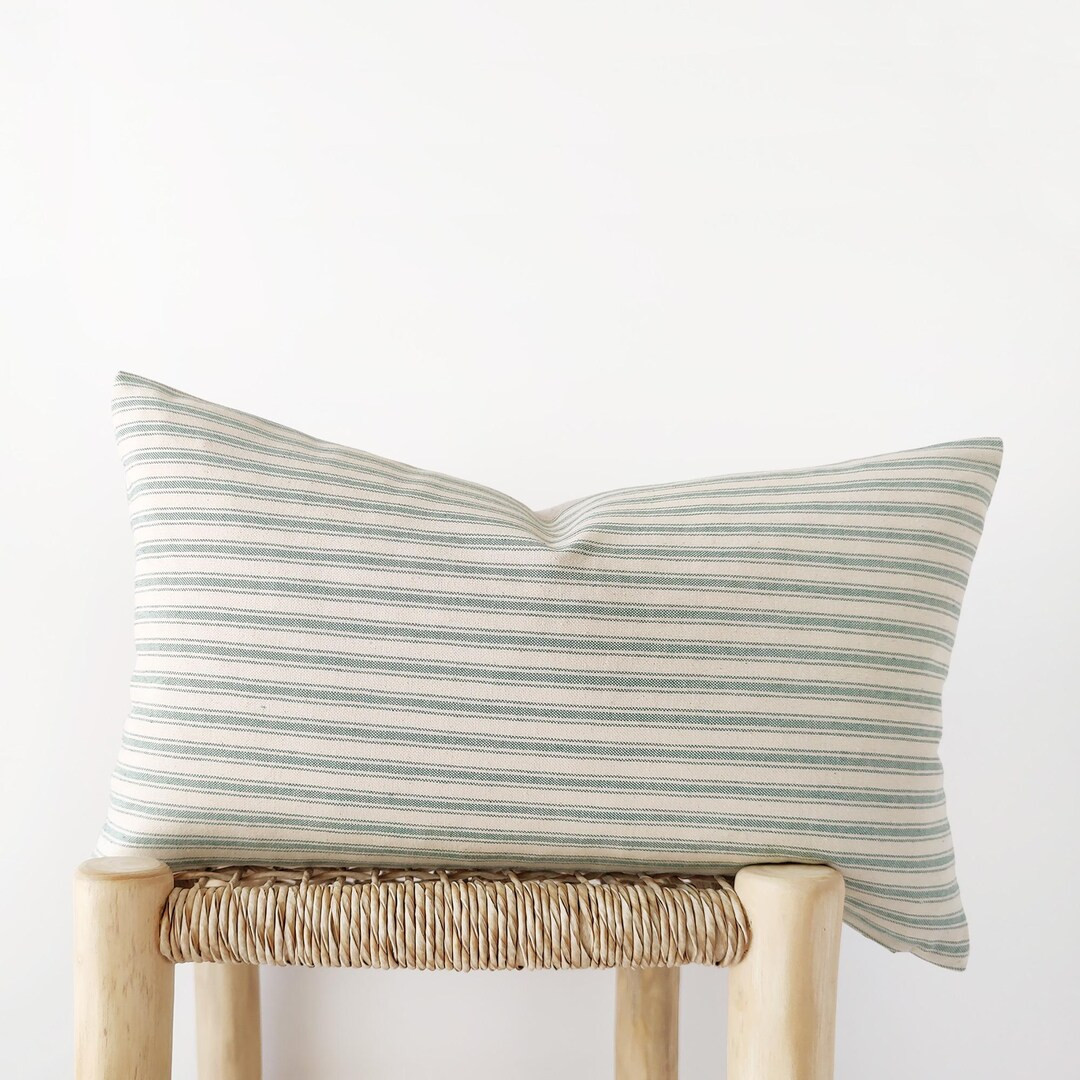 Teal Ticking Striped Lumbar Pillow Cover - Modern Farmhouse Decor - Etsy | Etsy (US)