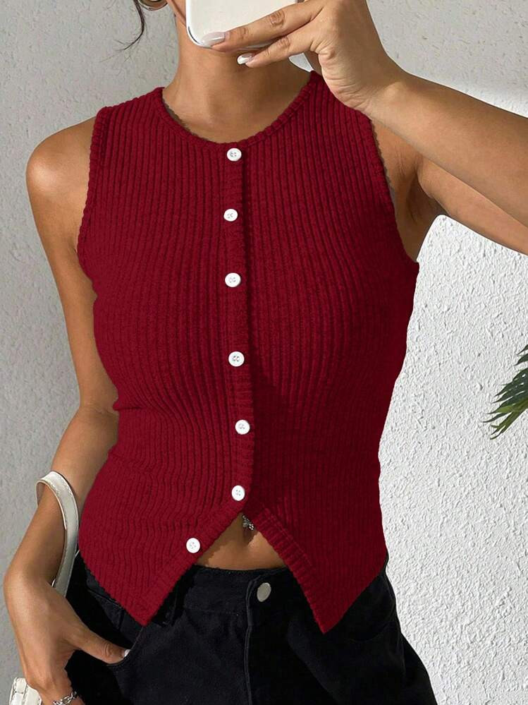 Chiquease Women's Casual Ribbed Cropped Camisole With Side Slit | SHEIN