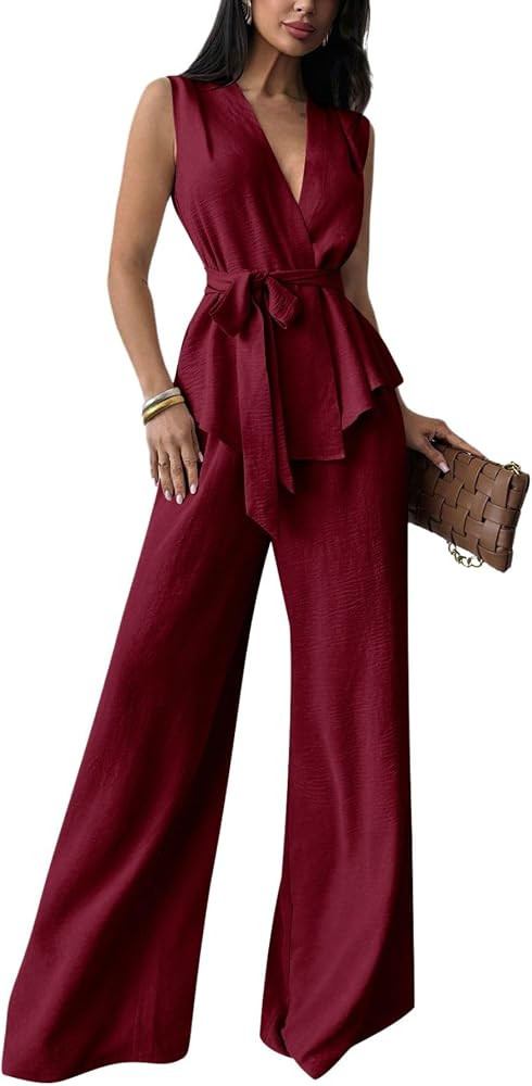 Verdusa Women's 2 Piece Old Money Clothes Tie Waist Wrap Vest with Dress Pants Clothing Sets | Amazon (US)