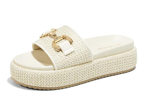 Coutgo Womens Platform Sandals Raffia Espadrilles Metal Chain Slip on Open Toe Cute Beach Slide Sandals | Amazon (US)