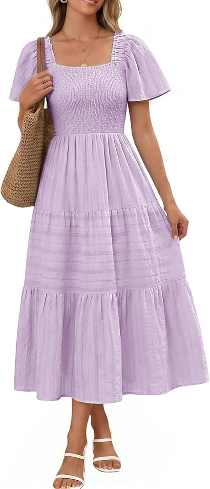 Bbonlinedress Women's Summer Midi Casual Dress 2026 Flowy Short Sleeve Square Neck Smocked Ruffle... | Amazon (US)