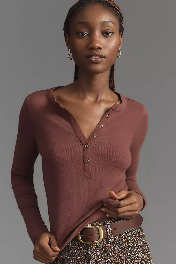Pilcro Ribbed Long-Sleeve Henley Top | Anthropologie (UK)