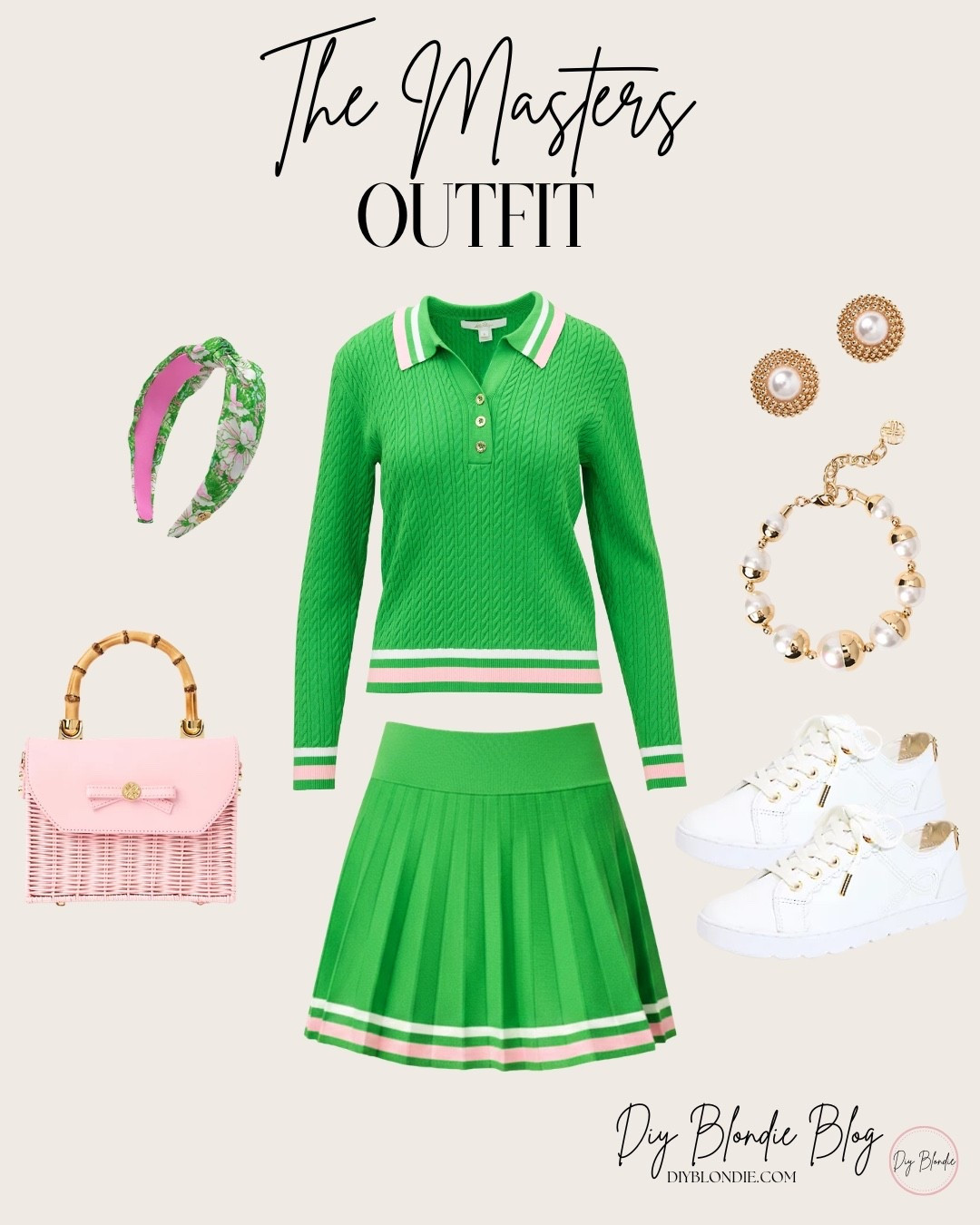 Masters style but make it pink & green 💚🌸 This classic preppy look features a chic green sweater and pleated skirt paired with feminine accessories, a cute wicker handbag, and comfy white sneakers. Perfect for tournament week, spring events, or any day you want that polished Southern style look. Linking everything here!