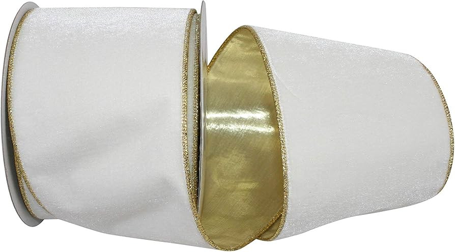 Reliant Ribbon Plush Metallic Backed Velvet Wired Edge Ribbon, 4 Inch X 10 Yards, Ivory/Gold | Amazon (US)
