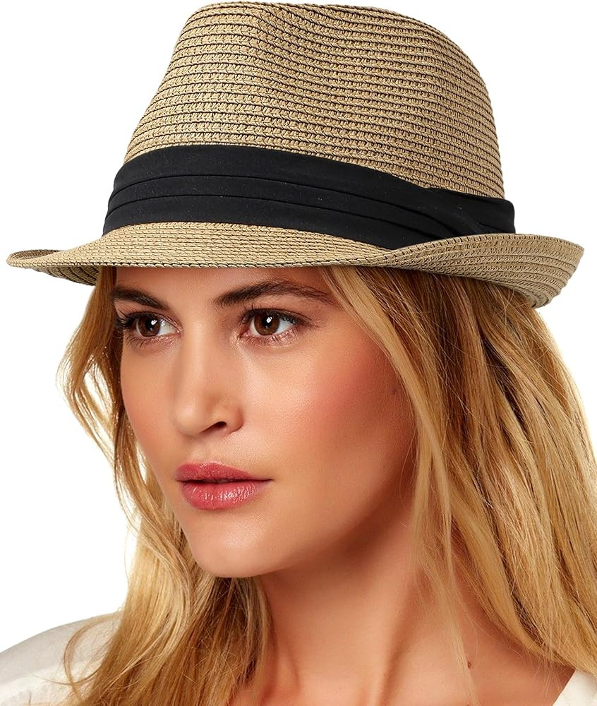 Womens Straw Hat Short Brim Panama Fedora Beach Sun Trilby Hat for Vacation Gentlemen Roll Up Sum... | Amazon (US)