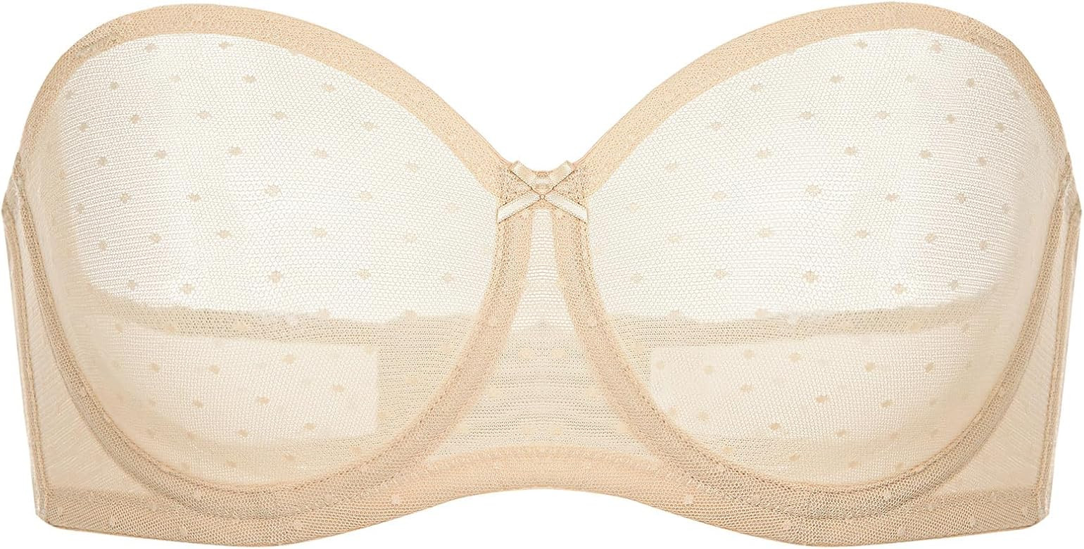 DOBREVA Women's Mesh Strapless Bra Sheer Unlined See Through Underwire Bras Plus Size | Amazon (US)