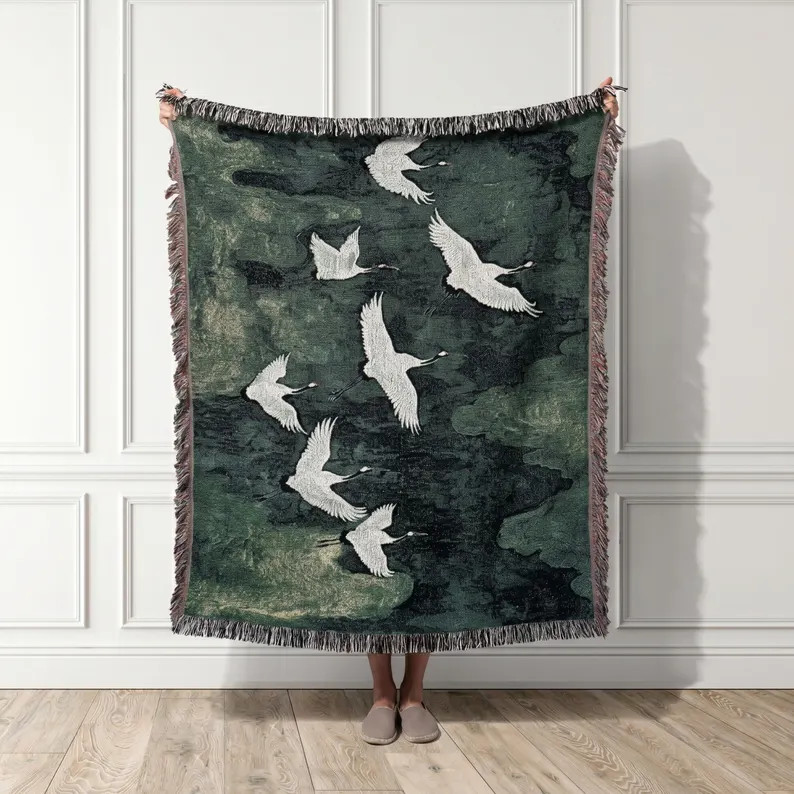 Flying Cranes Cotton Woven Blanket, Asian Art Inspired Wall Tapestry, Yoga Studio Decor | Etsy (Global)