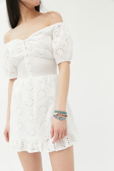 Finders Keepers Ditsy Off-The-Shoulder Mini Dress - White XS at Urban Outfitters | Urban Outfitters (US and RoW)