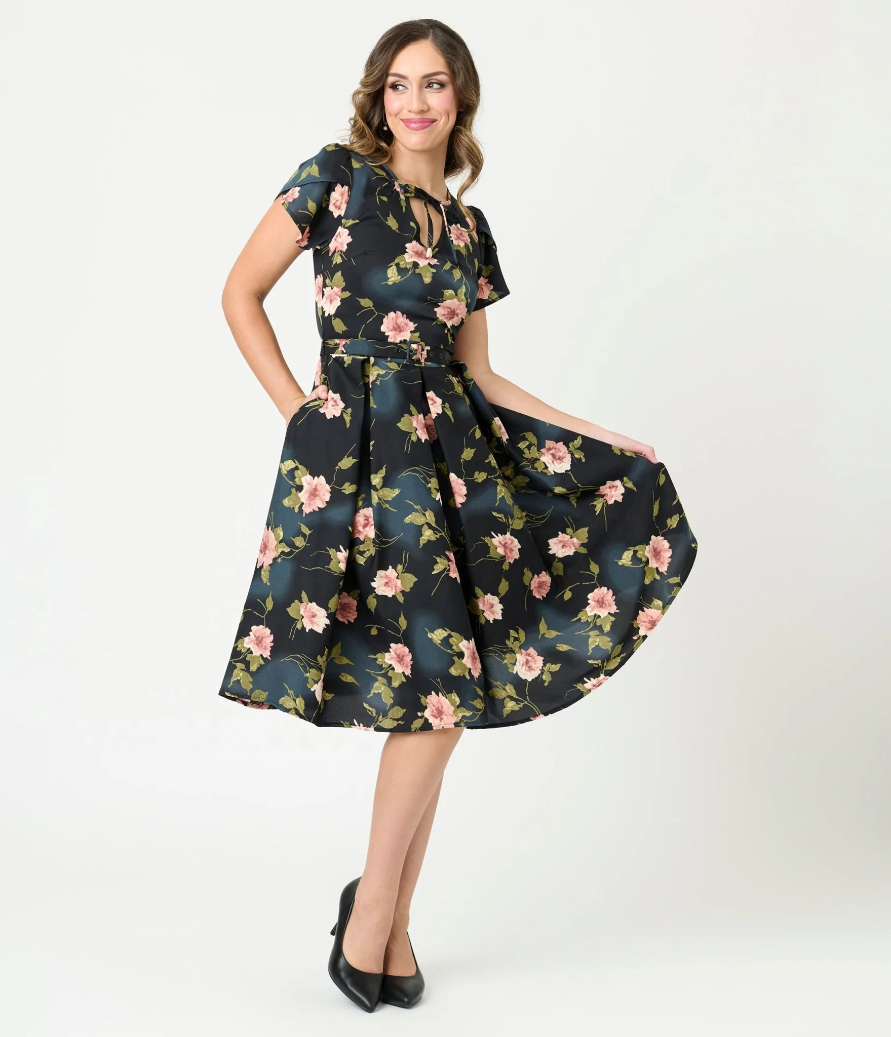 Unique Vintage Black & Pink Floral Dahlia Swing Dress | Unique Vintage - North America