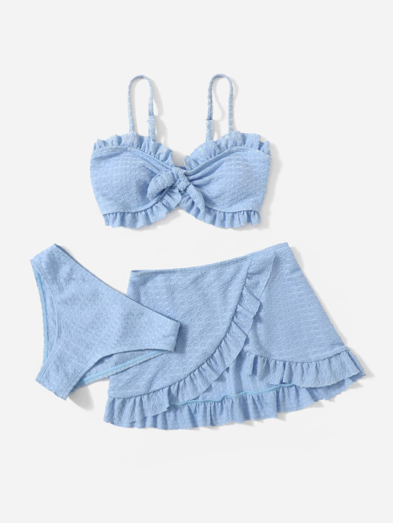 Tween Girl 3pack Tie Front Ruffle Trim Bikini Swimsuit With Beach Skirt Matching Set | SHEIN USA | SHEIN