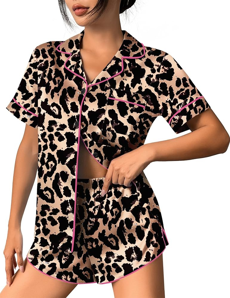 Ekouaer Womens Silk Satin Pajama Set Print Short Sleeve Sleepwear Button Down Pjs Shorts Set Loun... | Amazon (US)