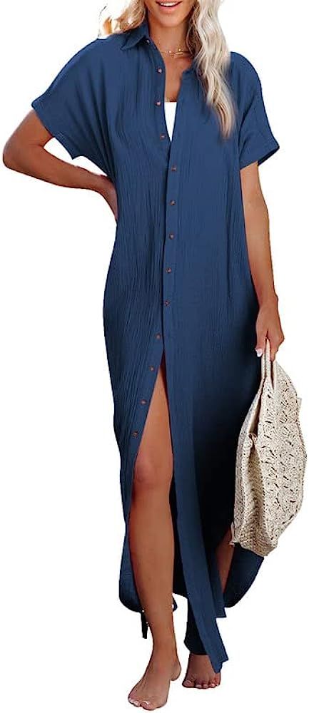 Dokotoo Womens Casual Short Sleeve Side Split Button Down Long Kimonos Cardigans Swimsuit Cover Ups | Amazon (US)