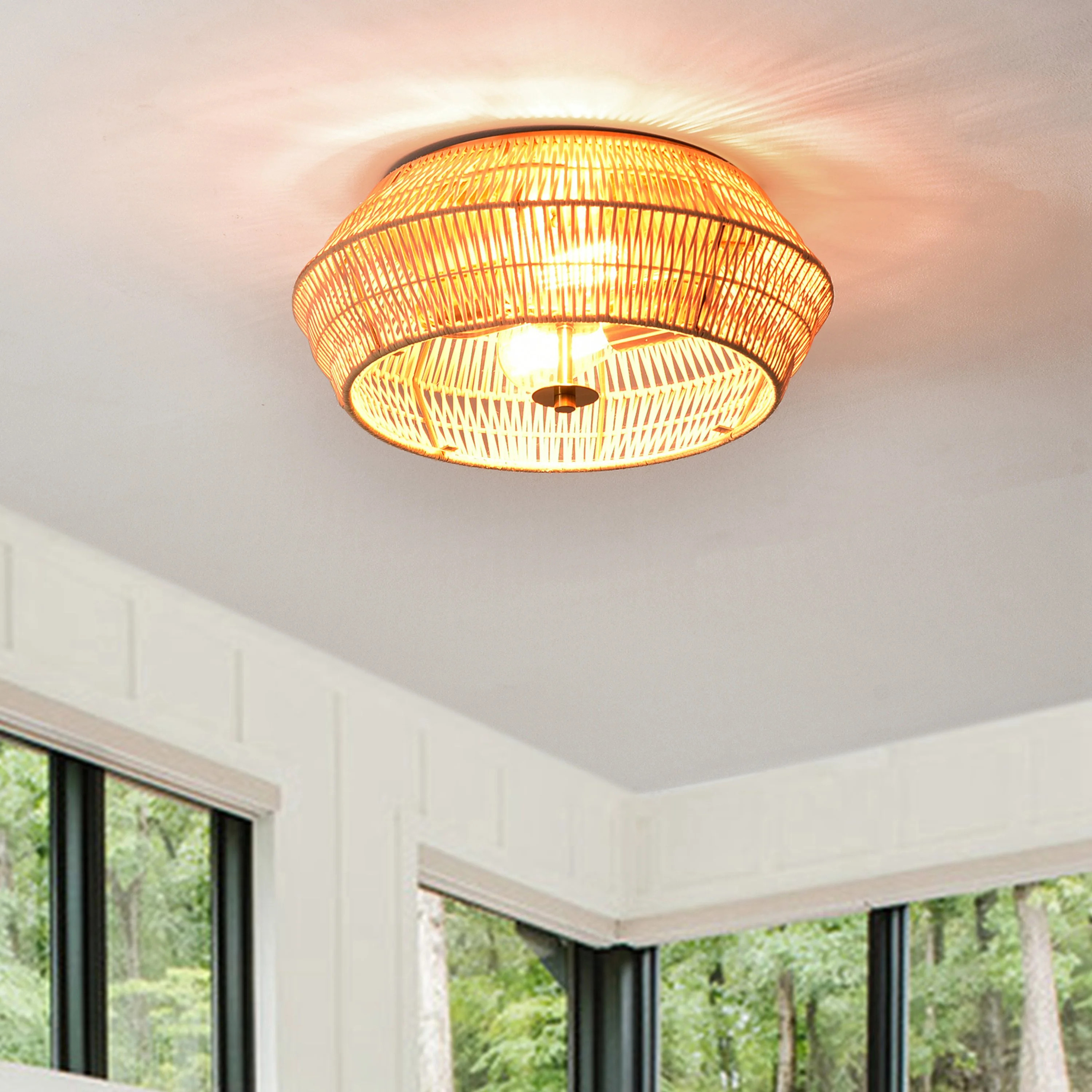 C Cattleya 2-Lights Incandescent Natural Rattan Shade with Antique Brass Finish Flush Mount Ceili... | Walmart (US)