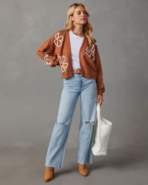 Wisteria Oversized Floral Stitch Cardigan - Camel - SALE | VICI