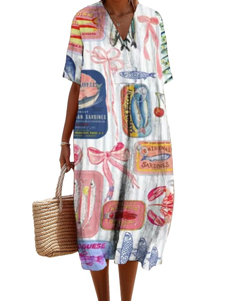 V Neck Boho Floral Linen Maxi Dress Women Summer Short Sleeve Loose Casual Beach Vacation Long Tu... | Amazon (US)