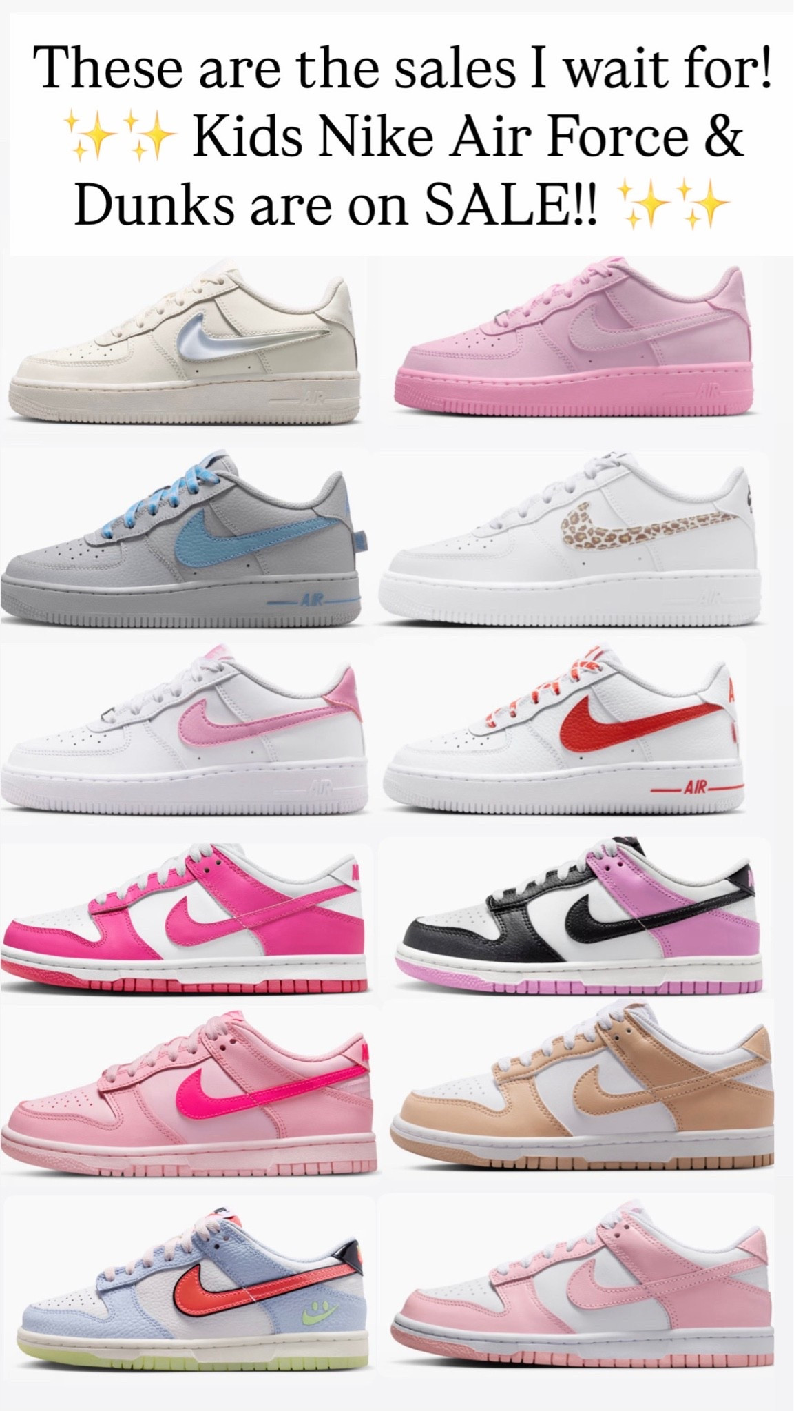 These are the sales I wait for! Nike kids Air Force and Nike kids dunks are on sale right now. ￼

#LTKSaleAlert #LTKKids
