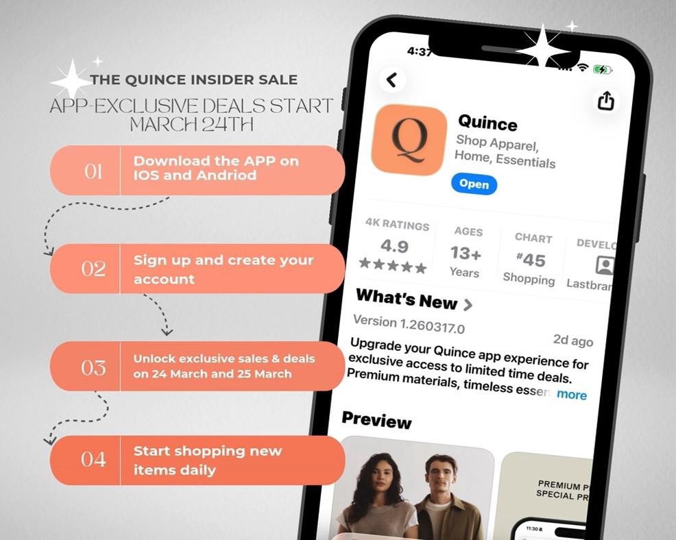  The Quince Insider Sale is happening March 24–25 and the deals are app-exclusive only.
 If you want access to the special pricing, you’ll need to download the @Quince app to unlock the offers.
I’m sharing my Quince picks inside my LTK so you can preview the pieces, plan your cart, and shop the Insider Sale as soon as it starts. 

These sales only last two days, and many of the best items tend to sell out early.
If you’ve been waiting to try Quince essentials, this is the time to do it.

🟠App-only discounts 🟠Limited-time Insider pricing 🟠March 24–25 only 🟠Shop through my LTK to see all my picks

💻Save this post so you’re ready when the sale opens.

#LTKSale #Quince #QuinceStyle #LTKFinds #LTKUnder100 #LTKSpring #QuinceSale #AppExclusive #InsiderSale #MinimalStyle #LuxuryForLess #CapsuleWardrobe #NeutralStyle #SpringStyle #LTKCreator #ShopWithMe #AffiliateStyle

 

#LTKSeasonal #LTKSeasonal #LTKootd #LTKSaleAlert