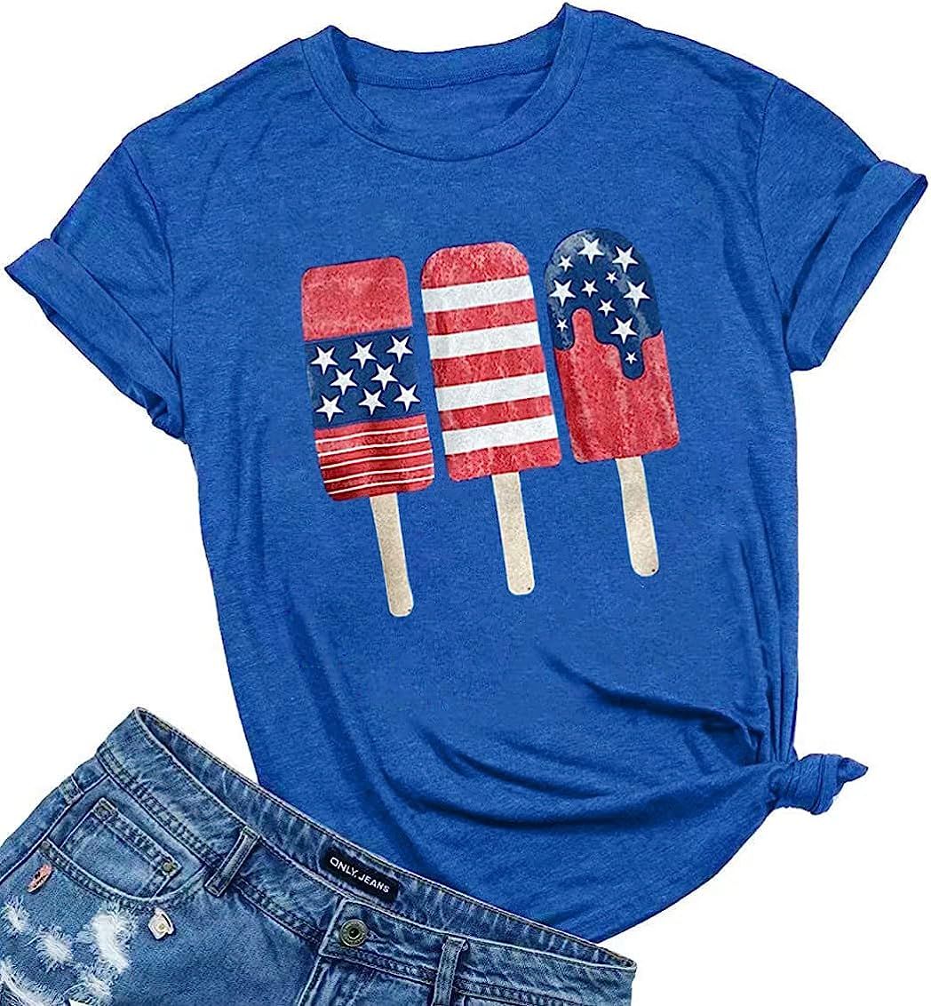 Woffccrd Womens American Flag Popsicle T-Shirts Tops 4th of July Patriotic Funny Graphic Tees | Amazon (US)