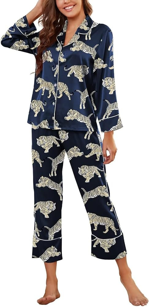 Brosloth Women's Silk Satin Pajamas Pjs Sets Cute Lace Pattern Two Piece Loungewear Set Button Up... | Amazon (US)