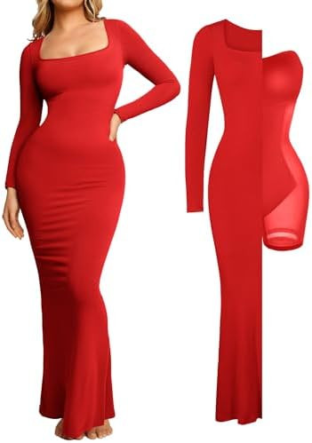 Popilush Women's Long Sleeve Maxi Dress Built-in Shapewear Bra Square Neck Fall Formal Wedding Gu... | Amazon (US)