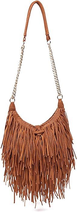 Women's Fringed Faux Suede Leather Cross Body Bag Chain Shoulder Bag Tassel Handbag | Amazon (US)