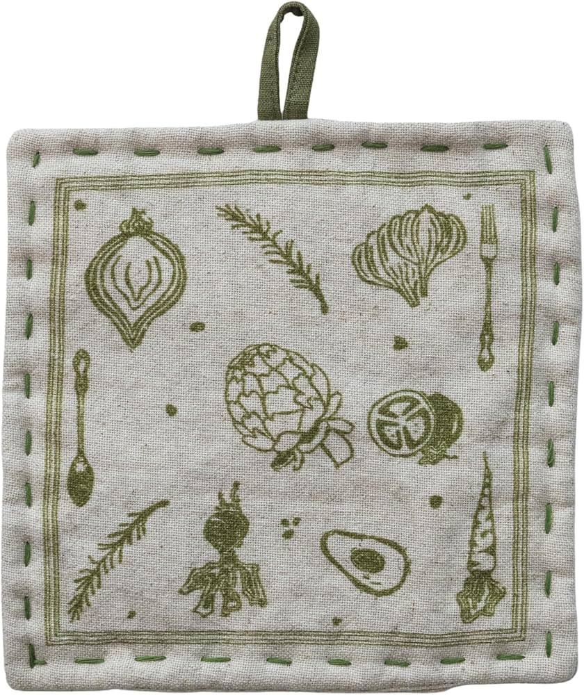Creative Co-Op Cotton and Linen Printed Pot Holder, Green and White | Amazon (US)