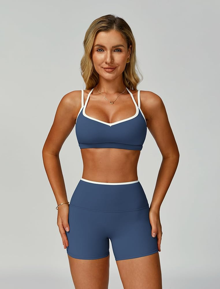 ABOCIW Workout Sets for Women 2 Piece Color Block Strappy Sports Bra High Waist Shorts Gym Yoga P... | Amazon (US)