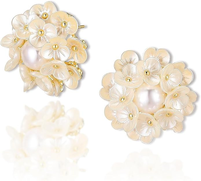 Jean Beau Pearl Flower Leaf Stud Earrings for Women Statement Cluster CZ Pearls Earring Gold Plat... | Amazon (US)