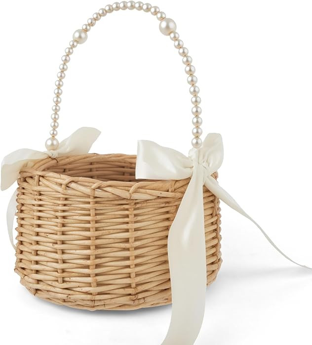 Cesta para niña de flores con asa de perlas, cesta de boda de mimbre tejida a mano con lazos de ... | Amazon (US)