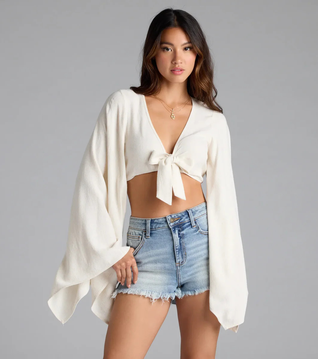 Bring The Drama Bell Sleeve Tie Front Crop Top | Windsor Stores