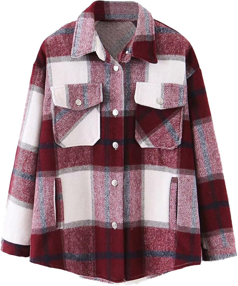Lviefent Womens Casual Wool Blend Plaid Flannel Shackets Jacket Button Down Shirt Coat | Amazon (US)