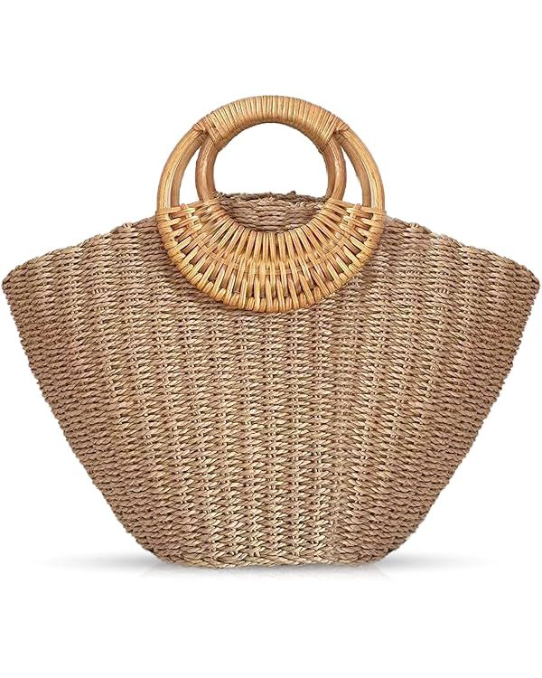 Straw Bag, Summer Beach Bag for Women, Hand-Woven Handbag, Creative Bamboo Handle, Large Woven Ba... | Amazon (US)