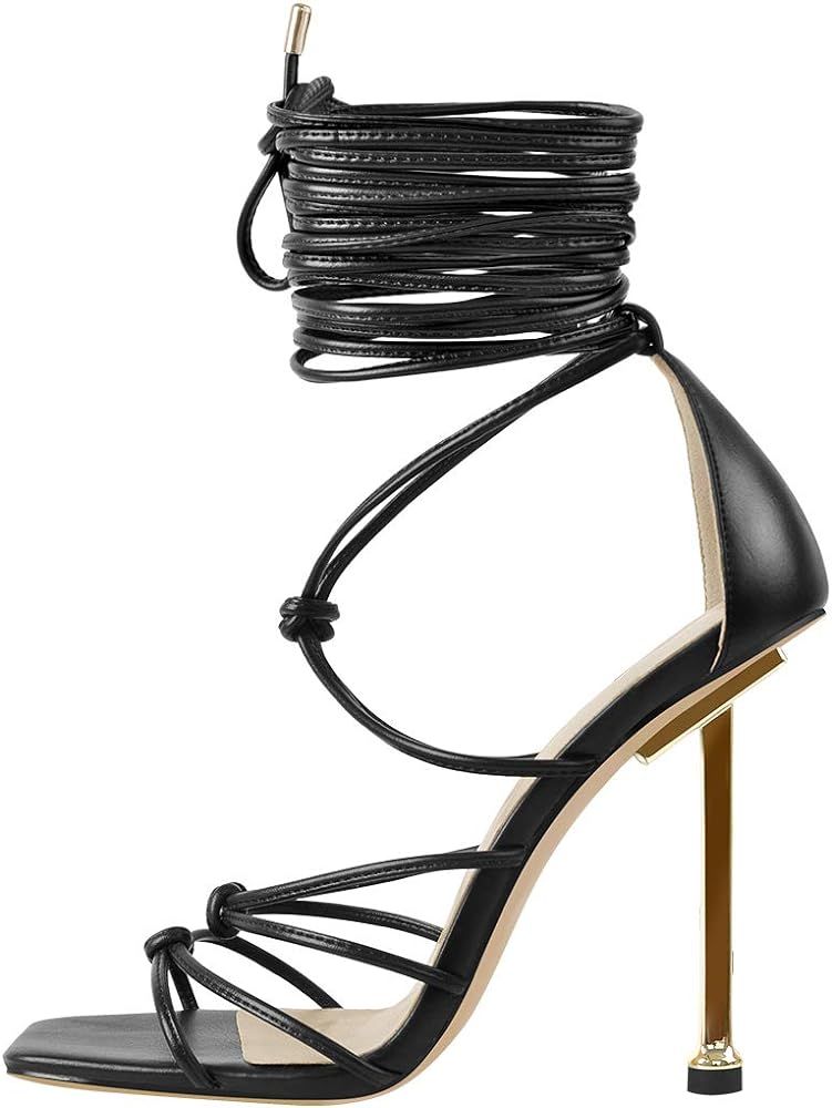 LISHAN Women's Lace Up Black Gladiator Square Toe Stiletto Heel Sandals | Amazon (US)