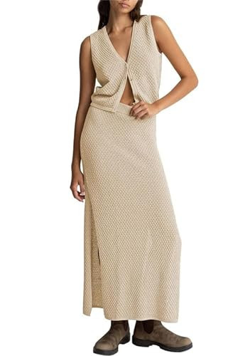 Women 2 Piece Sweater Skirt Set Y2k Sleeveless V Neck Knit Vest Bodycon Maxi Long Skirt Summer Waffle Knit Outfits(C1-Button Apricot,S) | Amazon (US)