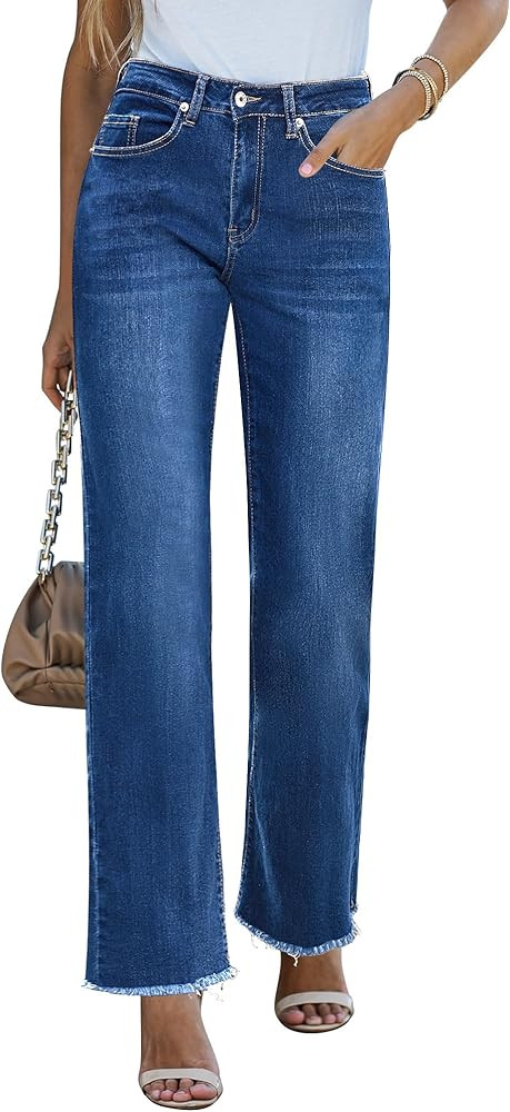 GRAPENT Straight Leg Jeans for Women High Waisted Stretchy Frayed Raw Hem Loose Denim Pants Casua... | Amazon (US)
