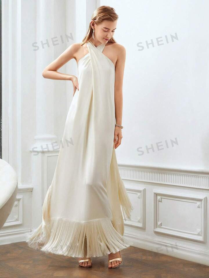 MOTF X Nour PREMIUM FRINGE HEM CROSS HALTER DRESS | SHEIN