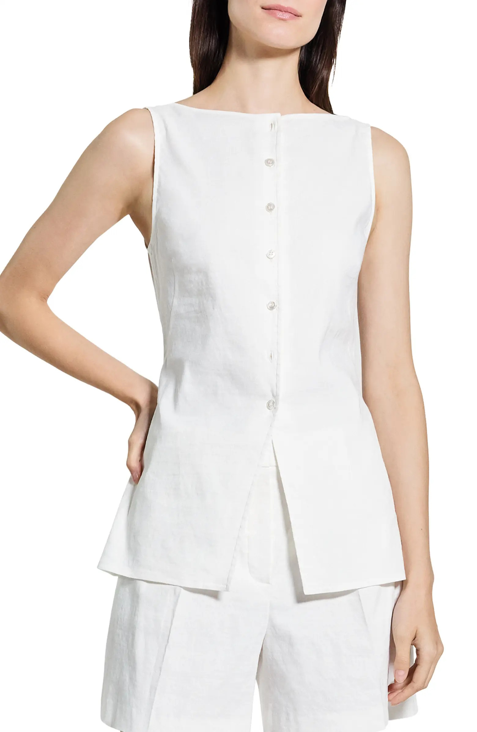 Boatneck Sleeveless Linen Blend Button-Up Shirt | Nordstrom