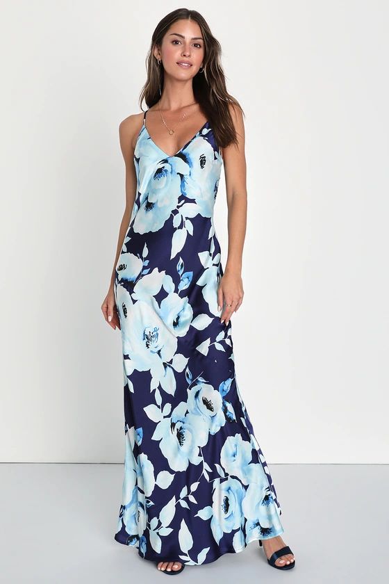 Graceful Aura Navy Blue Floral Satin Cutout Slip Maxi Dress | Lulus (US)