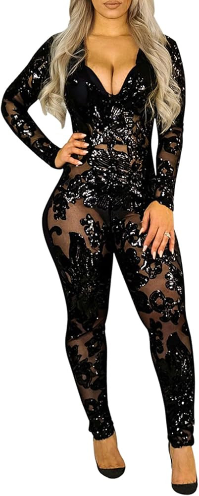 YOOTIKO Women's Sexy Sequin Bodycon Jumpsuit Lace V Neck Long Sleeve Romper Birthday Outfit Clubw... | Amazon (US)