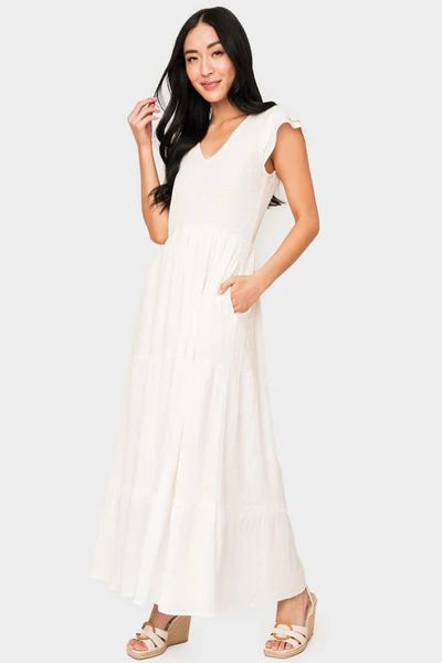 Flutter Sleeve Smocked V-Neck Tiered Maxi Dress | Gibson