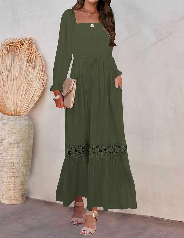 ZESICA Women's Boho Long Sleeve Square Neck Smocked High Waist Flowy A Line Lace Trim Maxi Dress | Amazon (US)