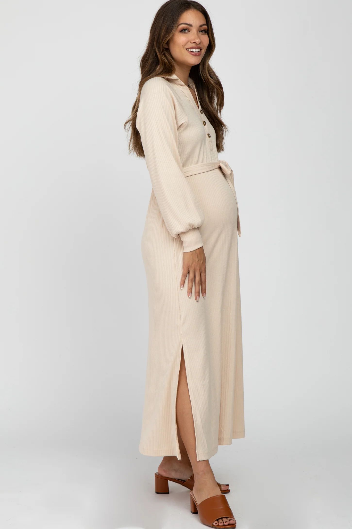 Beige Button Accent Collared Maternity Maxi Dress | PinkBlush Maternity