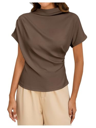 SweatyRocks Women's Casual Short Sleeve Mock Neck Tee Top Asymmetric Ruched Plain T Shirt Coffee Brown S | Amazon (US)