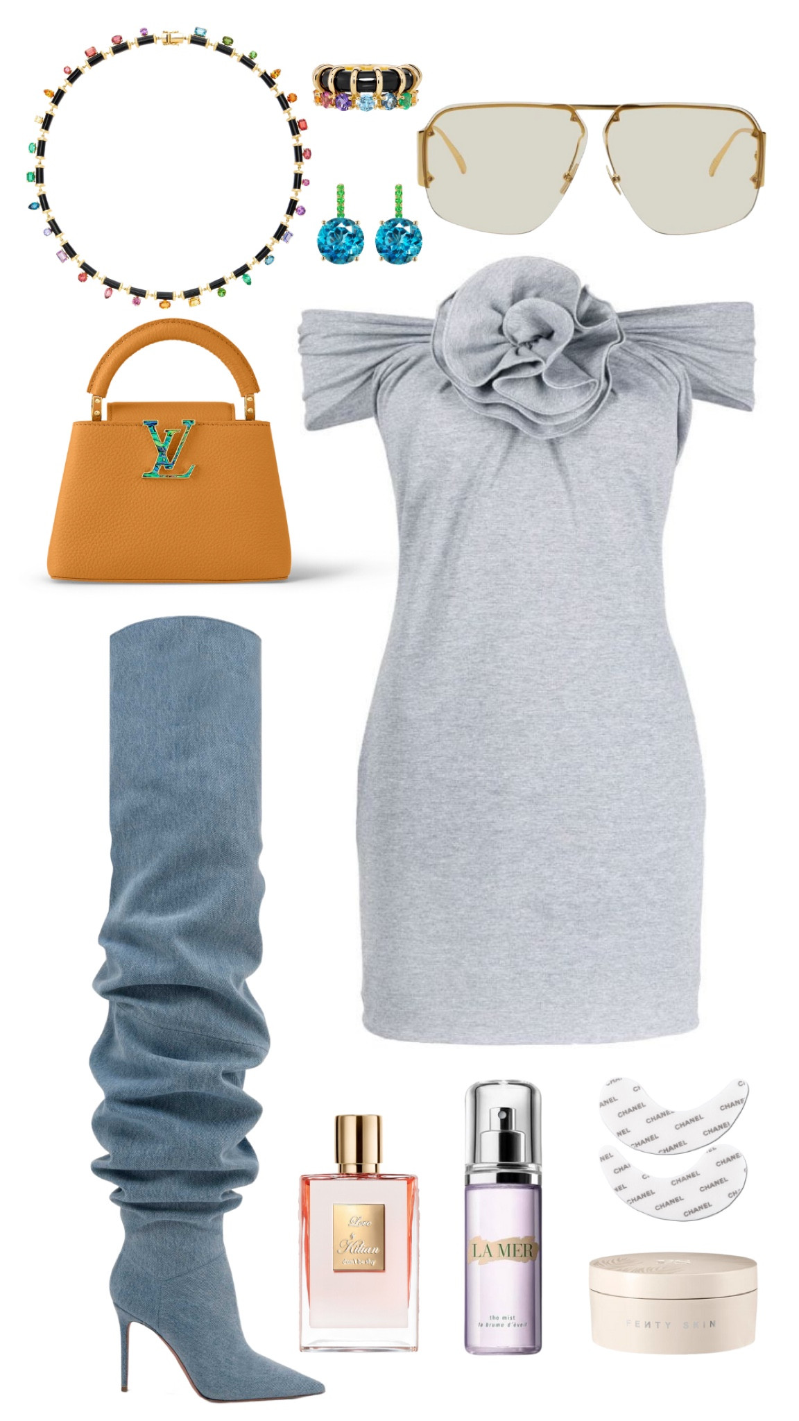 magda butrym dress 
amina muaddi thigh high boots 
louis vuitton capucines bag 
bottega sunglasses 
sauer ring & necklace 
jane taylor earrings 
kilian love don’t be shy perfume 
la mer the mist 
chanel eye patches 
fenty butta drop body cream 

#LTKFind #LTKstyletip #LTKSale